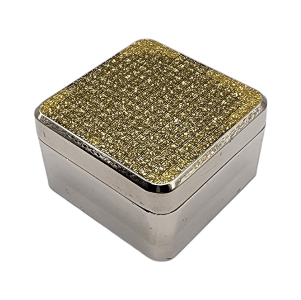 Elegant Silver Rhinestone Resin Box Lined in Blue Velvet